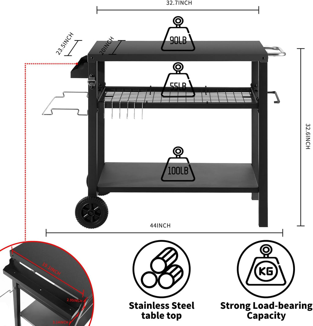 Dining Cart Table with Three Shelf, Movable Outdoor BBQ Grill Pizza Oven Stand with Three Hooks, Kitchen Cart Island Multifunctional Food Prep Table for Inside and Outside (Black)