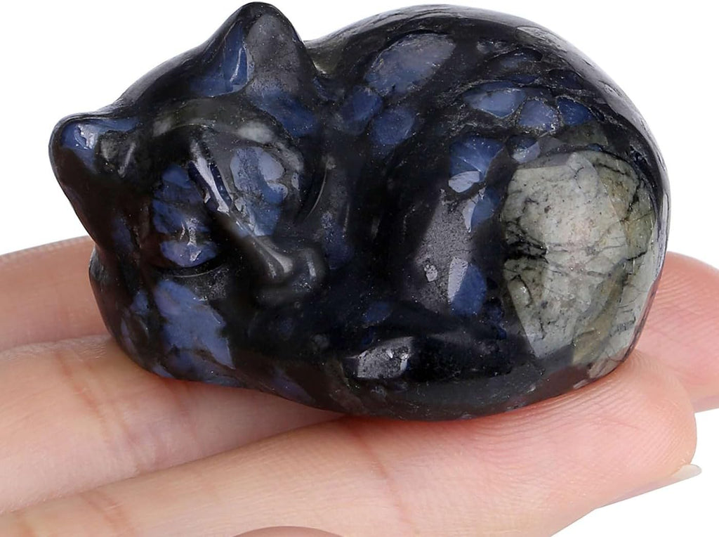 LAIDANLA Blue Labradorite Cat Healing Crystals Figurine Sleeping Cat Hand Carved Cute Statue Polished Stone Sculpture Reiki Office Room Bedroom Desk Home Decoration Gifts 1.6"