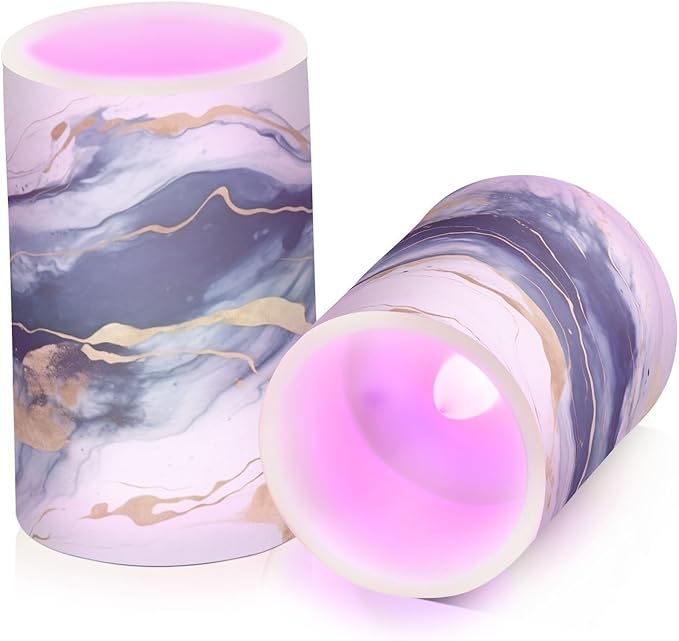 Flickering Flameless Candles, Drak Blue Golden Marble LED Candles with Remote Timer, Set of 2 Battery Operated Candle for Valentine Wedding Birthday