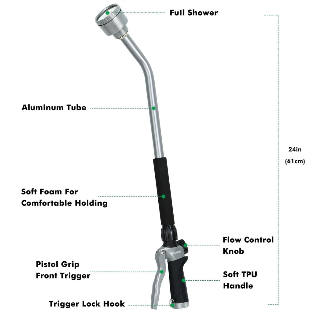RESTMO Long Watering Wand, 24 Inches Gentle Soft Full Shower Sprayer Wand with Flow Control, Heavy Duty Metal Hose Wand for Hanging Baskets, Shrubs, Plants, Flowers, Garden and Lawn, Black