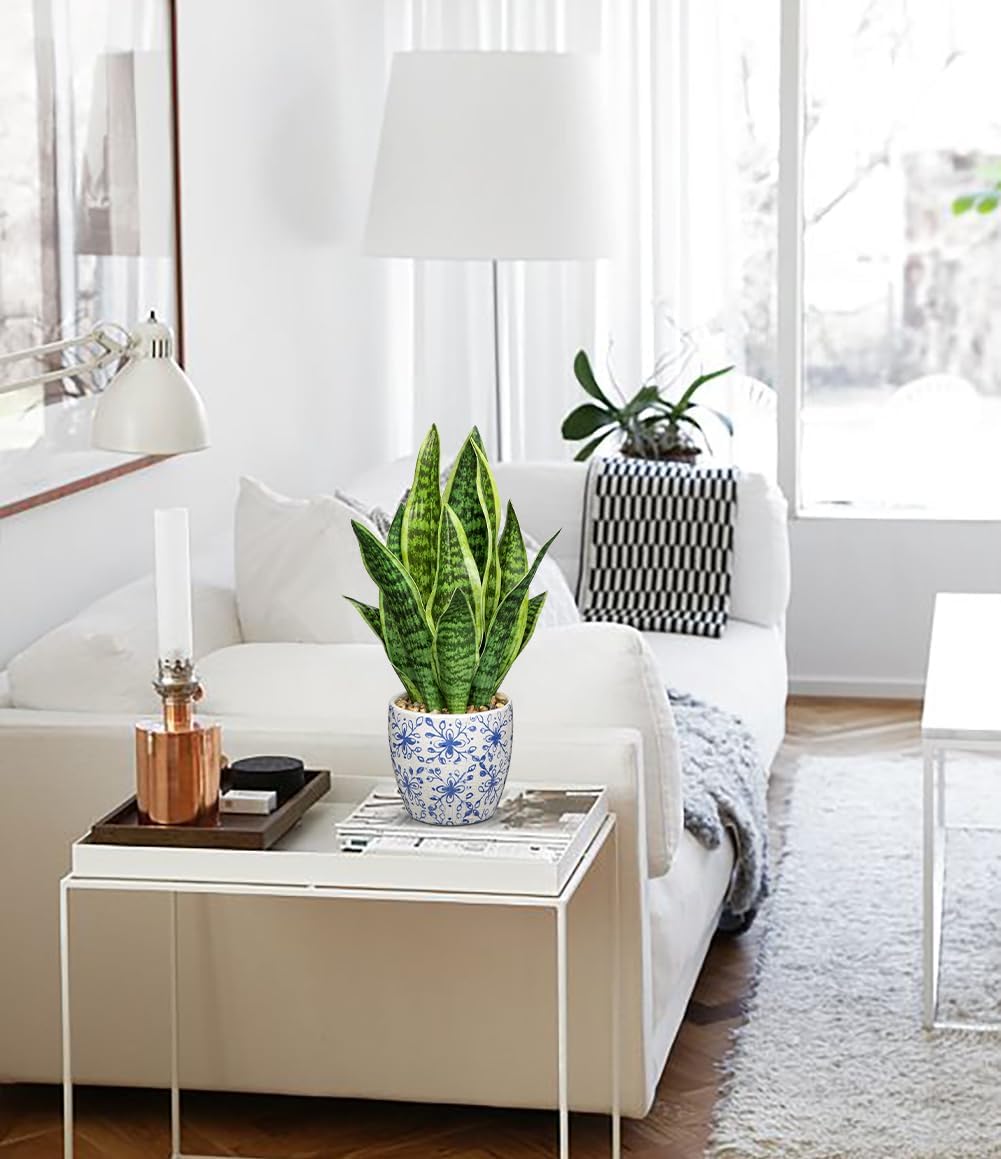 Hollyone Artificial Snake Plant Potted Faux Sansevieria Trifasciata Plants, 15.7" Tropical Fake Plants in Blue and White Porcelain Pots for Home Office Room Indoor Decor Housewarming Gifts