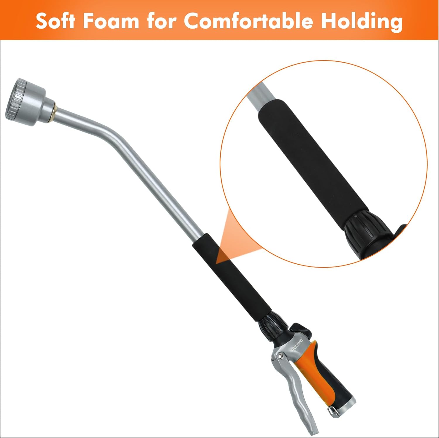 RESTMO Long Watering Wand, 24 Inches Gentle Soft Full Shower Sprayer Wand with Flow Control, Heavy Duty Metal Hose Wand for Hanging Baskets, Shrubs, Plants, Flowers, Garden and Lawn, Orange