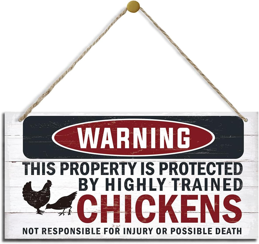 Funny Warning Signs, The Property is Protected By Highly Trained Chicken Sign, Decorative Wood Hanging Wood Plaque, Farmhouse Home Garden Yard Decor, Door Gate Hanger, Chicken Farm Decor