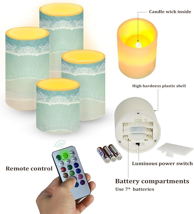Flameless LED Candles Electric Candle Set with Remote Timer Color Changing Control Long Lasting for Table Centerpiece Home Indoor Coastal Decoration Set of 4, Beach Light Blue