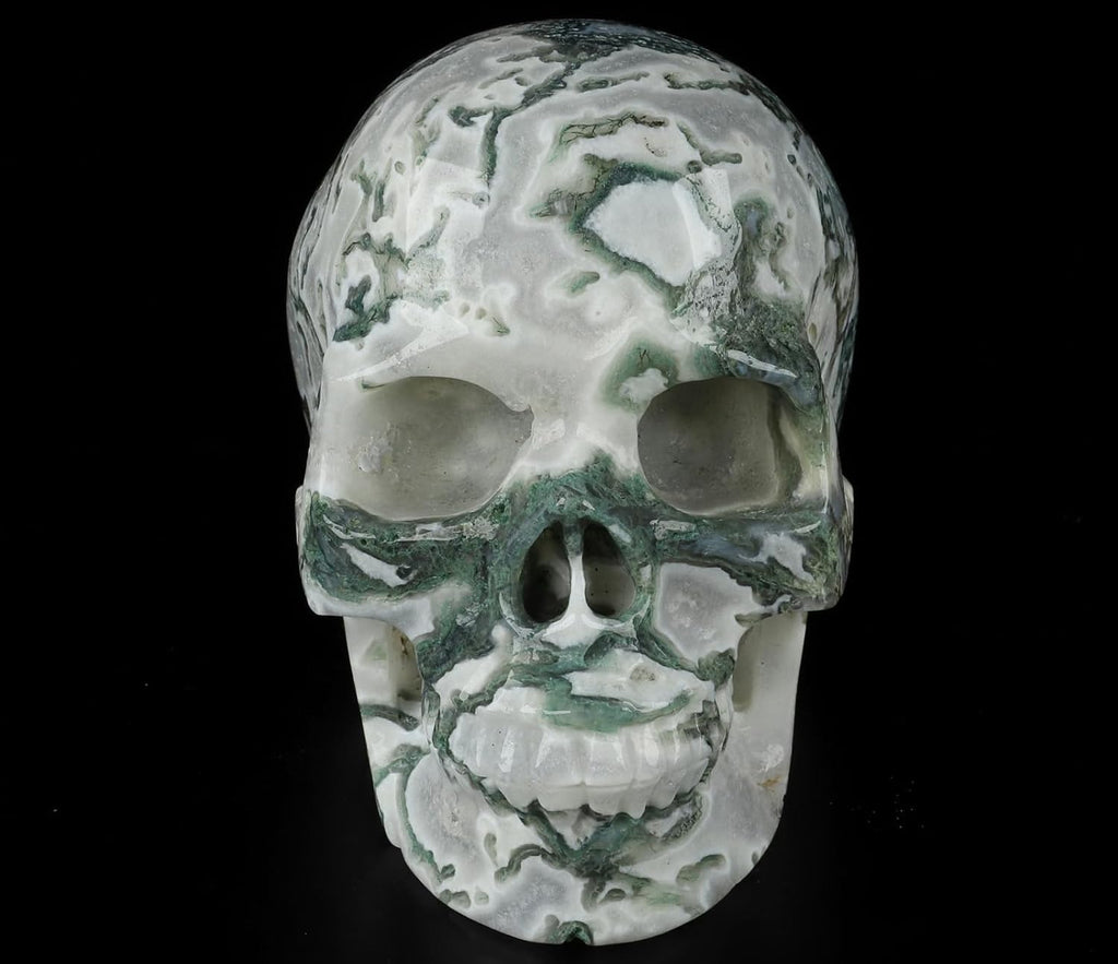Skullis 5.0” Green Moss Agate Crystal Skull, Hand Carved Gemstone Fine Art Sculpture, Reiki Healing Stone Statue.2054