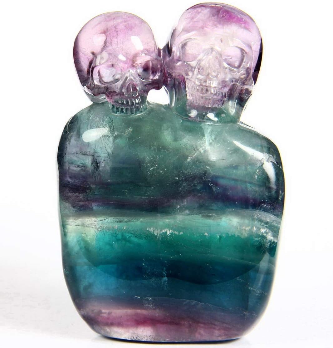 Skullis 3.4" Fluorite Crystal Skull, Fine Art, Hand Carved Gemstone Fine Art Sculpture, Reiki Healing Stone Statue. 271