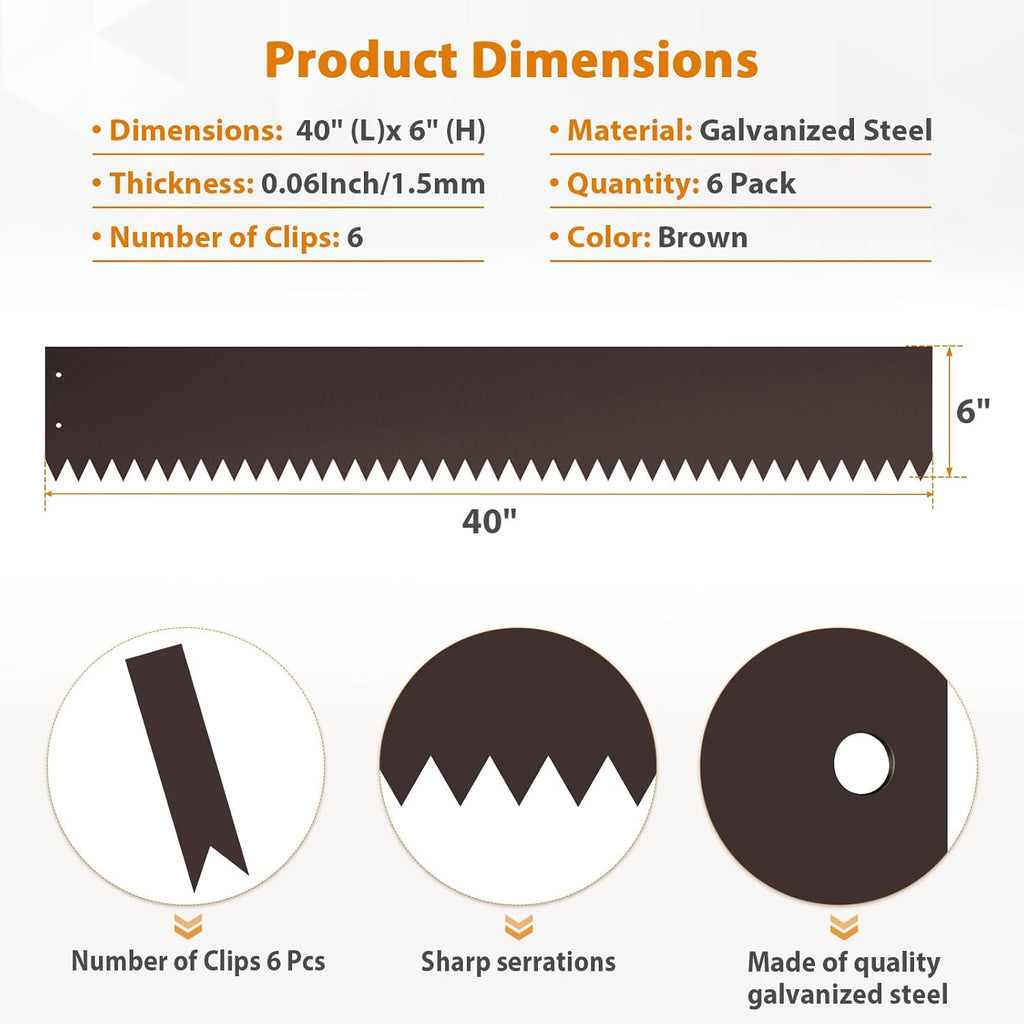 40" L x 6" H Metal Landscape Edging, Heavy Duty Galvanized Steel Garden Edging,6 Pack Steel Landscape Edging with Clips for Lawn, Flower Bed, Yard (Brown)