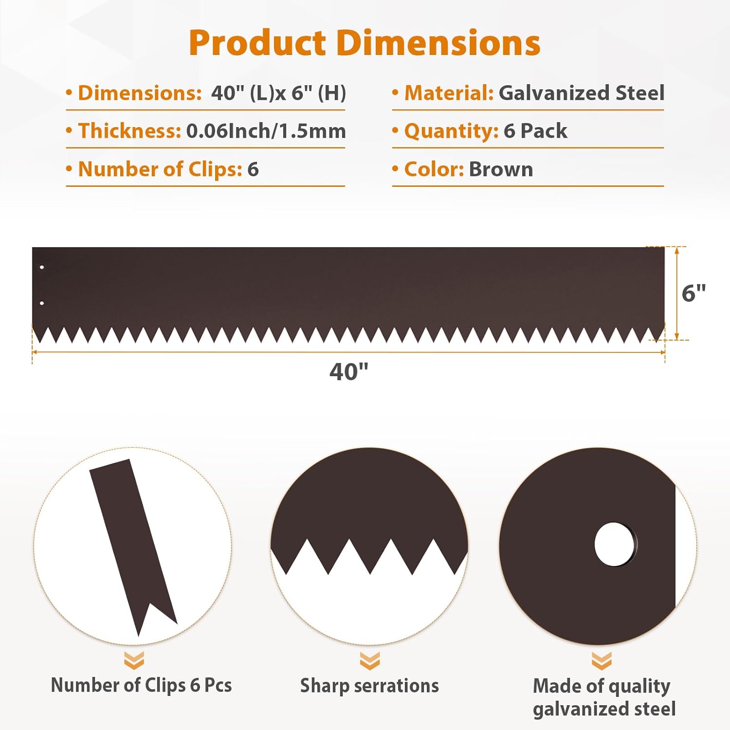 40" L x 6" H Metal Landscape Edging, Heavy Duty Galvanized Steel Garden Edging,6 Pack Steel Landscape Edging with Clips for Lawn, Flower Bed, Yard (Brown)