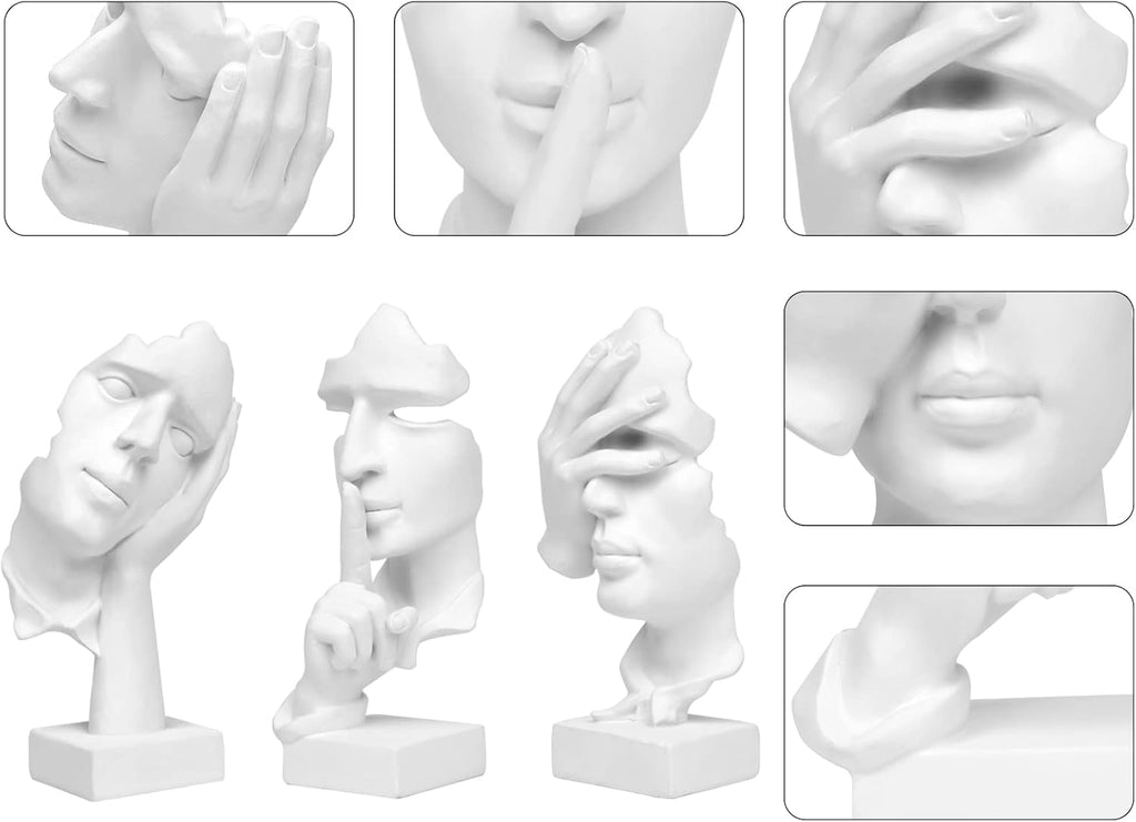 3 Pcs Thinker Statue, Silence is Gold Abstract Art Figurine, No Hear No See No Speak Modern Home Resin Sculptures Decorative Objects Decor for Home Office Bookshelf Desktop(White), A-41
