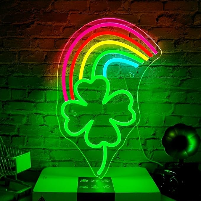 WLHOPE St Patricks Day Neon Sign St. Patrick's Day Neon Signs for Wall Decor Dimmable Rainbow Clover Light Up Sign for Bedroom Living Room Wall Art Happy St. Patrick's Day Decoration