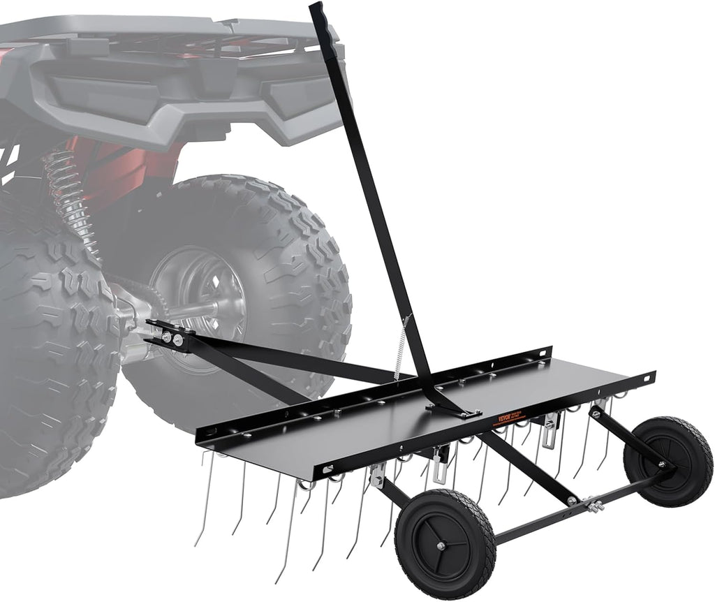 VEVOR Tow Behind Dethatcher, 48-inch Tow Dethatcher with 24 Spring Steel Tines, Lawn Dethatcher Rake for ATV or Mower, Tow Behind Lawn Rake with Lift Handle for Garden Farm Grass