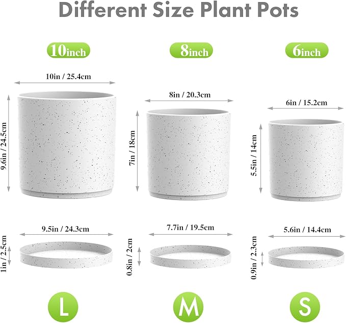 10/8/6 inch Deep Flower Pots, Cylinder Large Plant Pots for Outdoor Indoor Plants, 3 Pack Tall Plastic Planters with Drainage Holes and Saucers for Garden House Plants, Speckled White