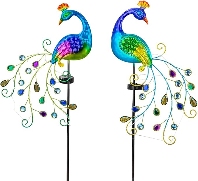 DREAMSOUL 2 Pack Peacock Solar Lights Outdoor, Waterproof Metal Peacock Outdoor Solar Lights for Yards Pathway Lawn Decoration Peacock Gifts