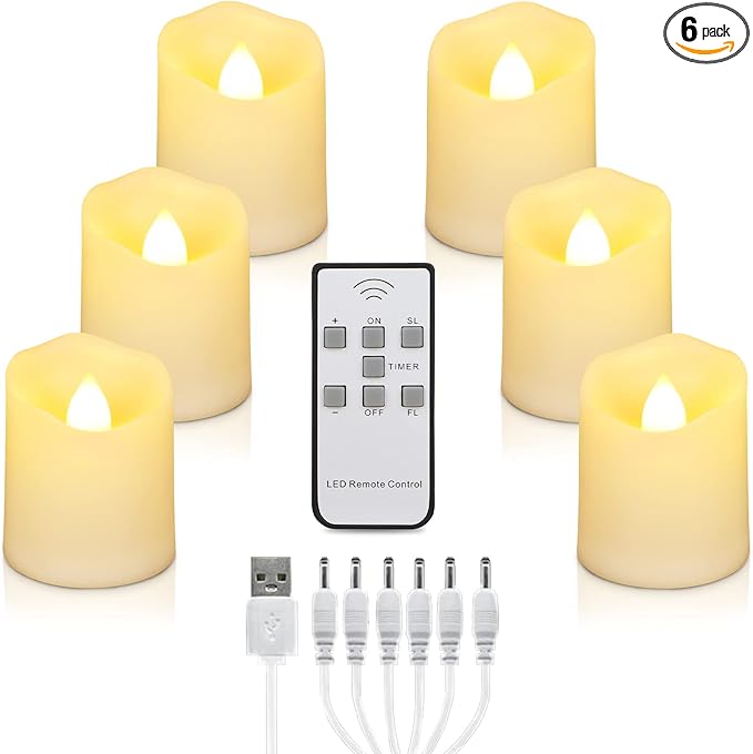 LED Tea Lights Rechargeable Candles with USB Charging Cable, 6 PCS Votive Tea Light with Remote, Flameless Flickering Warm White Tealights Candle for Halloween, Pumpkin Light, Christmas Decoration