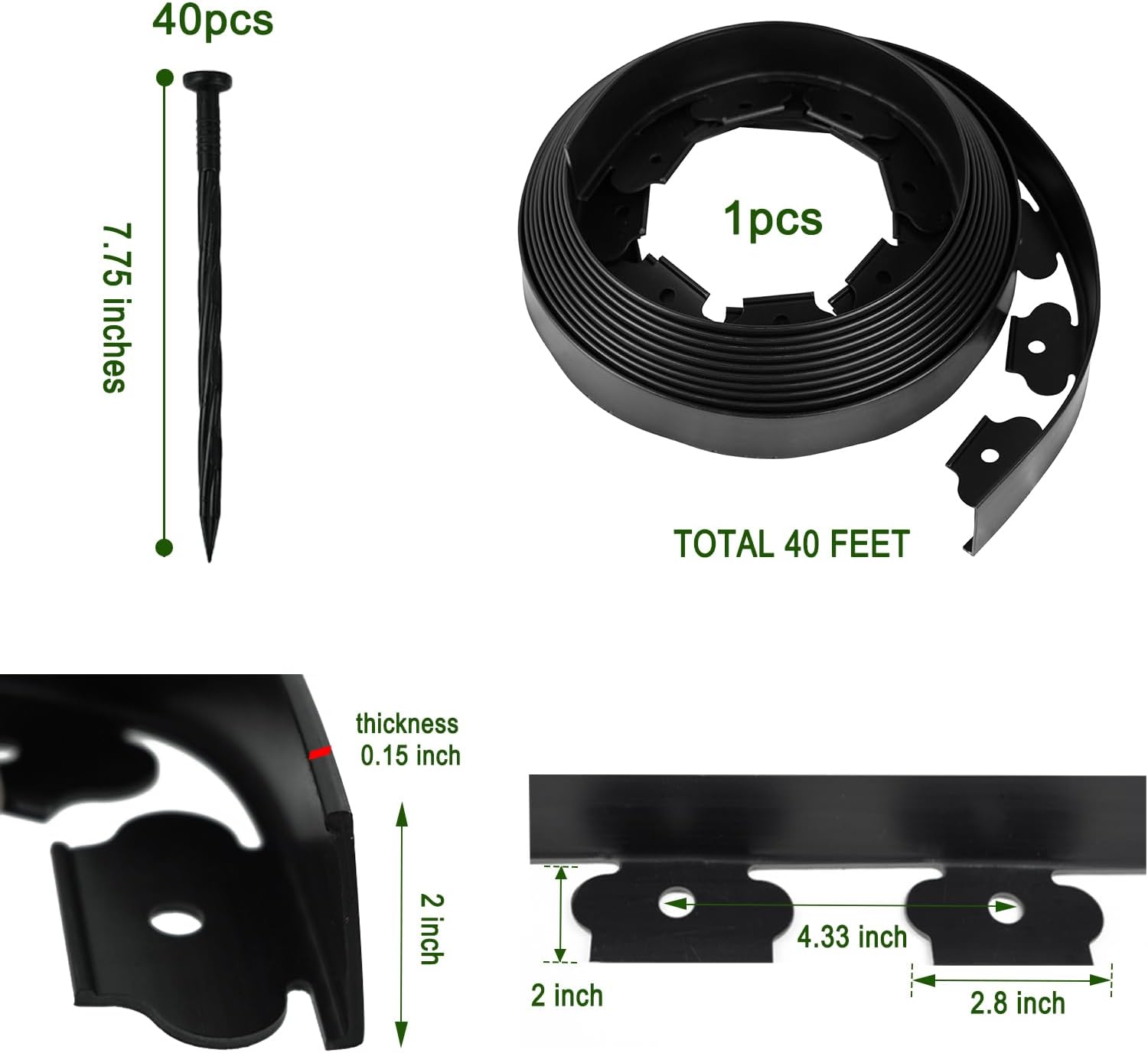 Hugeleaf Landscape Edging 2 Inch Tall, 40 Feet Garden Edging Border with 40Pcs Stakes,Lawn Border for Landscaping, Flower Beds(Black)