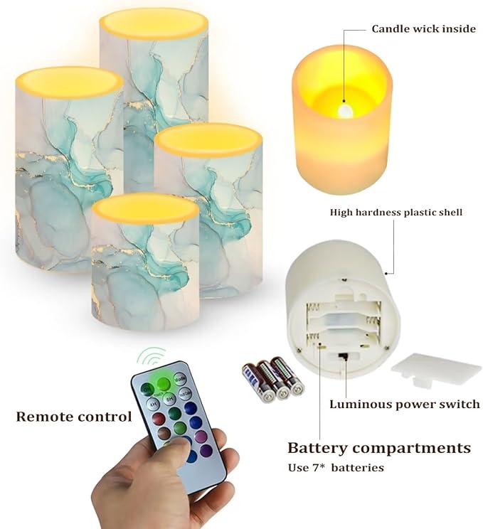 Flameless LED Candles Electric Candles with Remote Timer Color Changing Control Long Lasting for Home Table Centerpiece Decoration Pack of 4, Marble Blue Purple