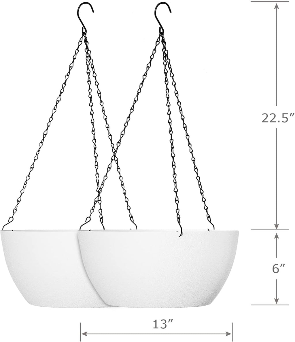 13 inch Large Hanging Planters Plant Pots for Outdoor Indoor Plants with Drainage Holes and Chain, 2 Pack Round Hanging Flower Pots for Garden Home Porch Decor, White