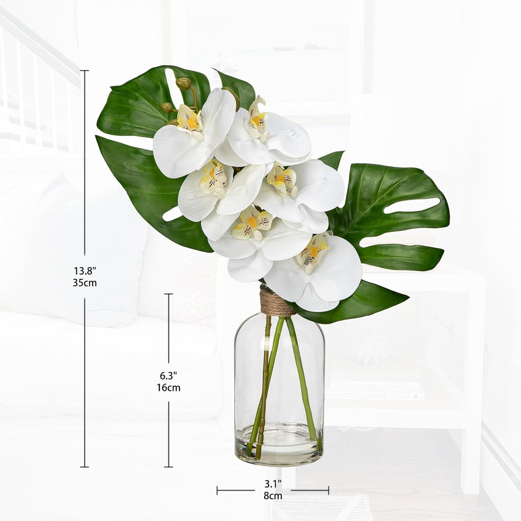 Artificial Monstera Plant and Fake Orchid in Glass Vase, 13.8" Real Touch Fake Plant Tropical Leaves Orchids Artificial Flowers with Faux Water for Home Bathroom Kitchen Office Centerpiece Room Décor