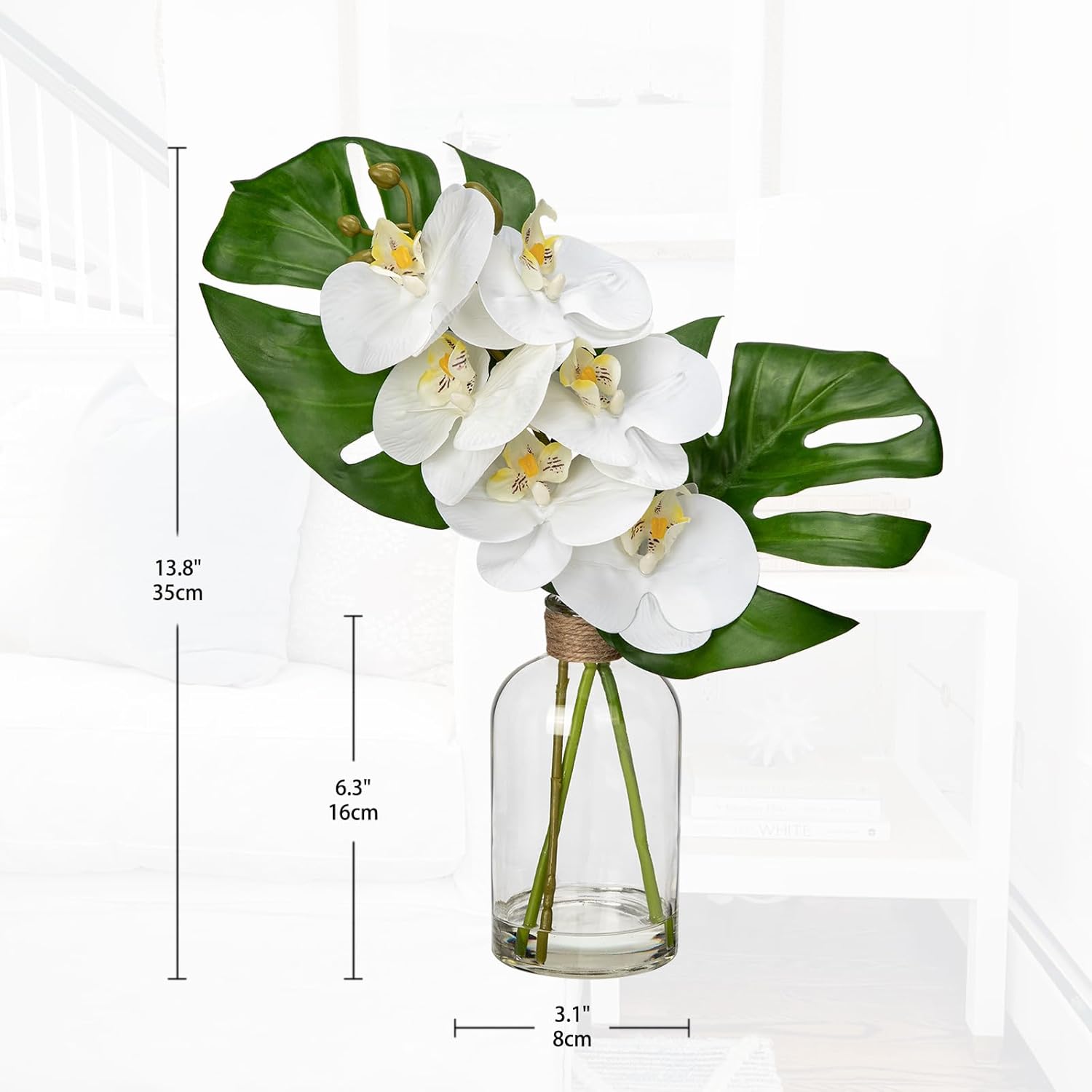 Artificial Monstera Plant and Fake Orchid in Glass Vase, 13.8" Real Touch Fake Plant Tropical Leaves Orchids Artificial Flowers with Faux Water for Home Bathroom Kitchen Office Centerpiece Room Décor