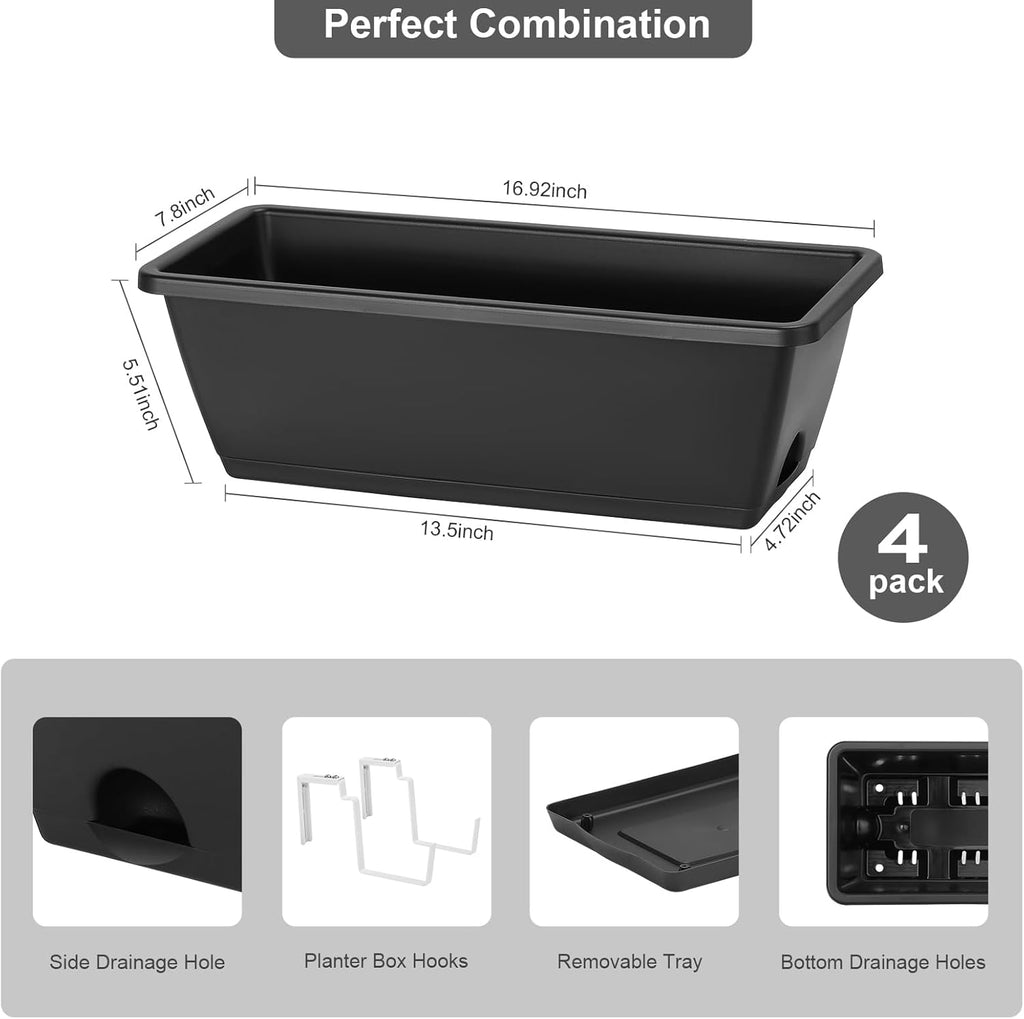 smusei Railing Planter Box 4 Pack Window Boxes Planters with Flower Box Brackets, 17’’ Rectangle Balcony Deck Railing Hanging Planters for Outdoor Fence Garden Patio Plants