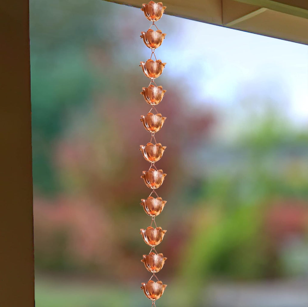 Monarch Rain Chains Pure Copper Lotus Rain Chain, 8.5 ft Decorative Rain Catcher Chain for Gutters, Large Rain Chains for Outside, Rain Gutter Replacement Downspout