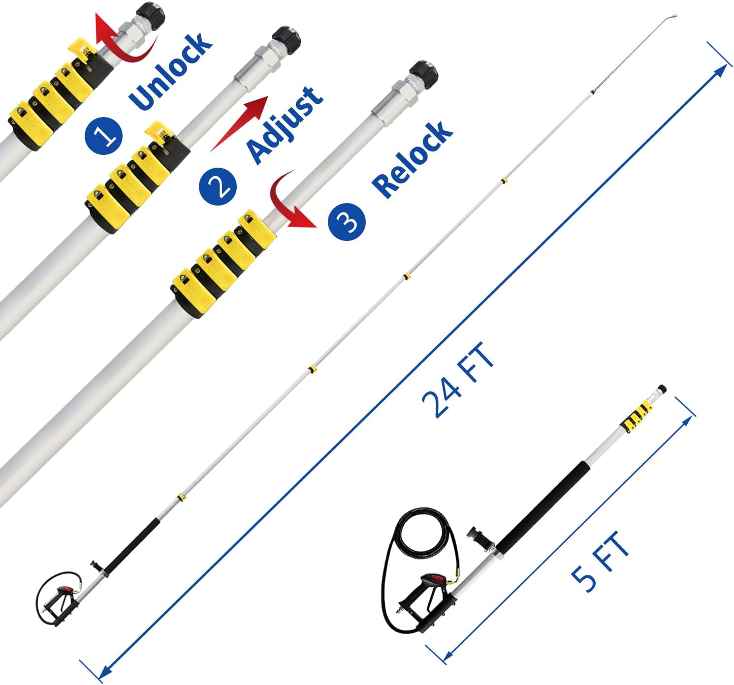 RAYNEL 24FT Telescoping Pressure Washer Extension Wand with Brush Head, 2 Power Washer Extension Wands, Gutter Cleaner Attachment, 7 Spray Nozzle Tips, Support Belt and 2 Hose Adapters