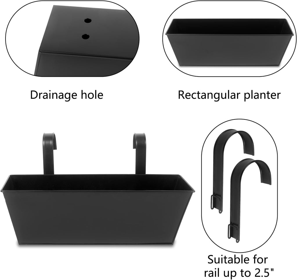 Railing Planters Outdoor Balcony 16 Inch Deck Over The Railing Planter Boxes Hanging Planters for Fence Flower 5 Pcs (Black)