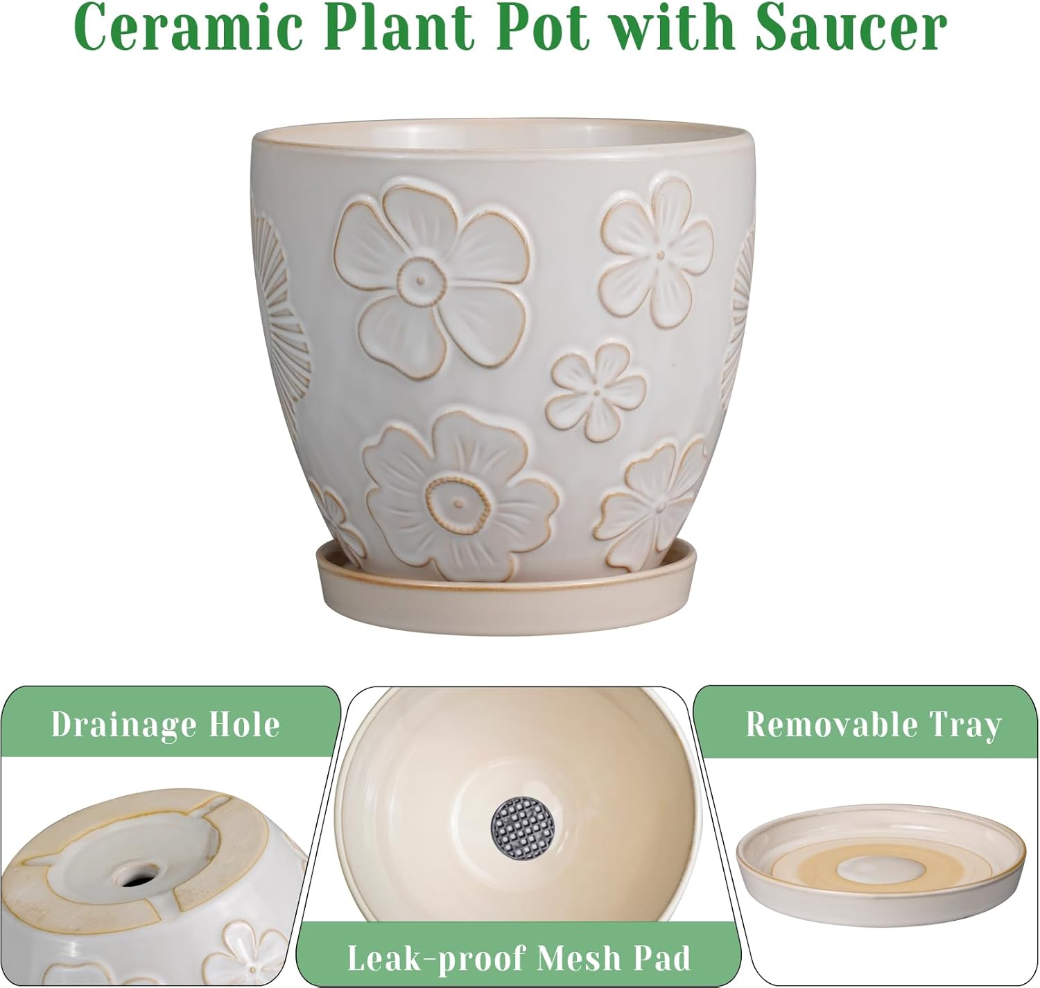 10 Inch Ceramic Planter Pot Large Plant Pot for Indoor Plants Outdoor Round Flower Pot with Drainage Hole and Saucer for Home Garden Decor White