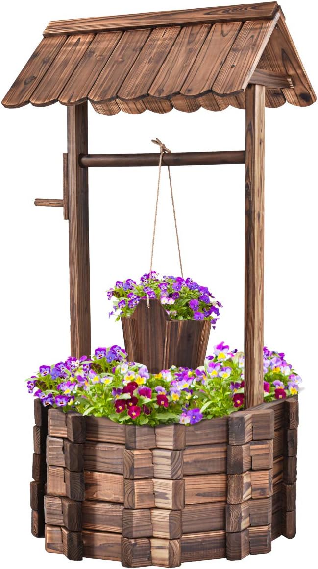 S AFSTAR Outdoor Wishing Well Planter, Wooden Rustic Flower Planter w/Hanging Bucket, Outside Decorations for Yard Garden Patio