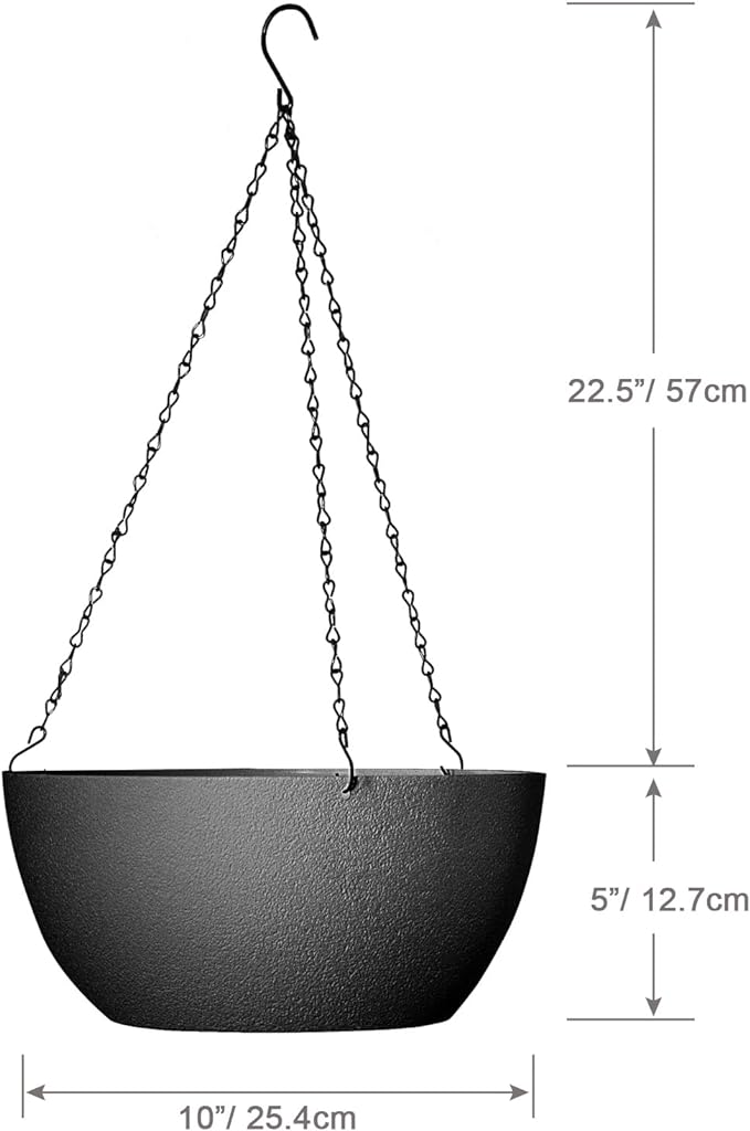 10 inch Hanging Planters for Outdoor Indoor Plants with Drainage Holes and Chain, 2 Pack Round Hanging Flower Pots for Garden Home Porch Decor, Black