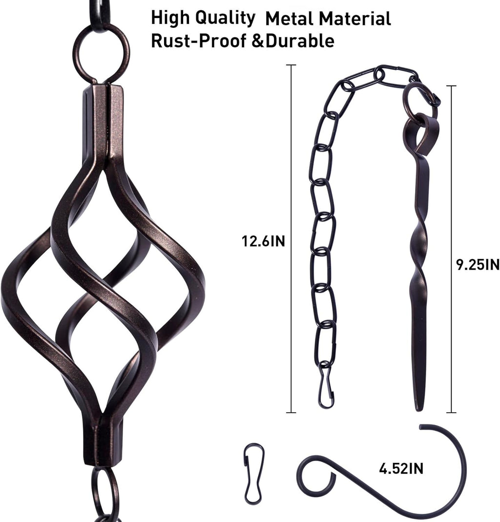 Rain Chain Bird Cage Set 8.5Ft, Not Rust Wrought Iron Rain Chains for Gutters with Adapter Gotta Drain and Sturdy Anchoring Stake,13 Cups, 1 Hook, Adjustable Length for Garden Decorative (Coffee)