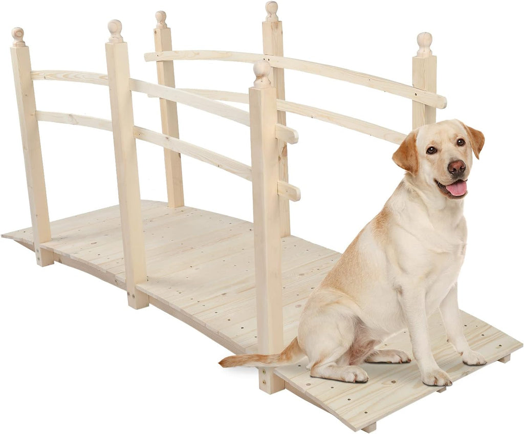 VINGLI 7.5 ft Garden Bridge, Arch Walkway Wooden Bridge with Safety Rails Natural Finished, Decorative Landscaping Footbridge for Koi Pond, Dry Creek Bed, Garden Pathway or Japanese Zen Decor