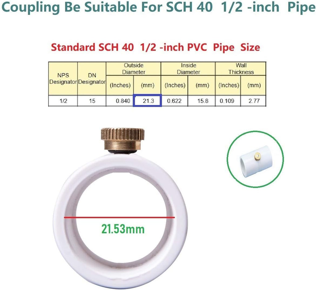 1/2 Inch PVC Coupling with Brass Mist Nozzle PVC Splitter with Brass Misting System Nozzles (Pack of 10)