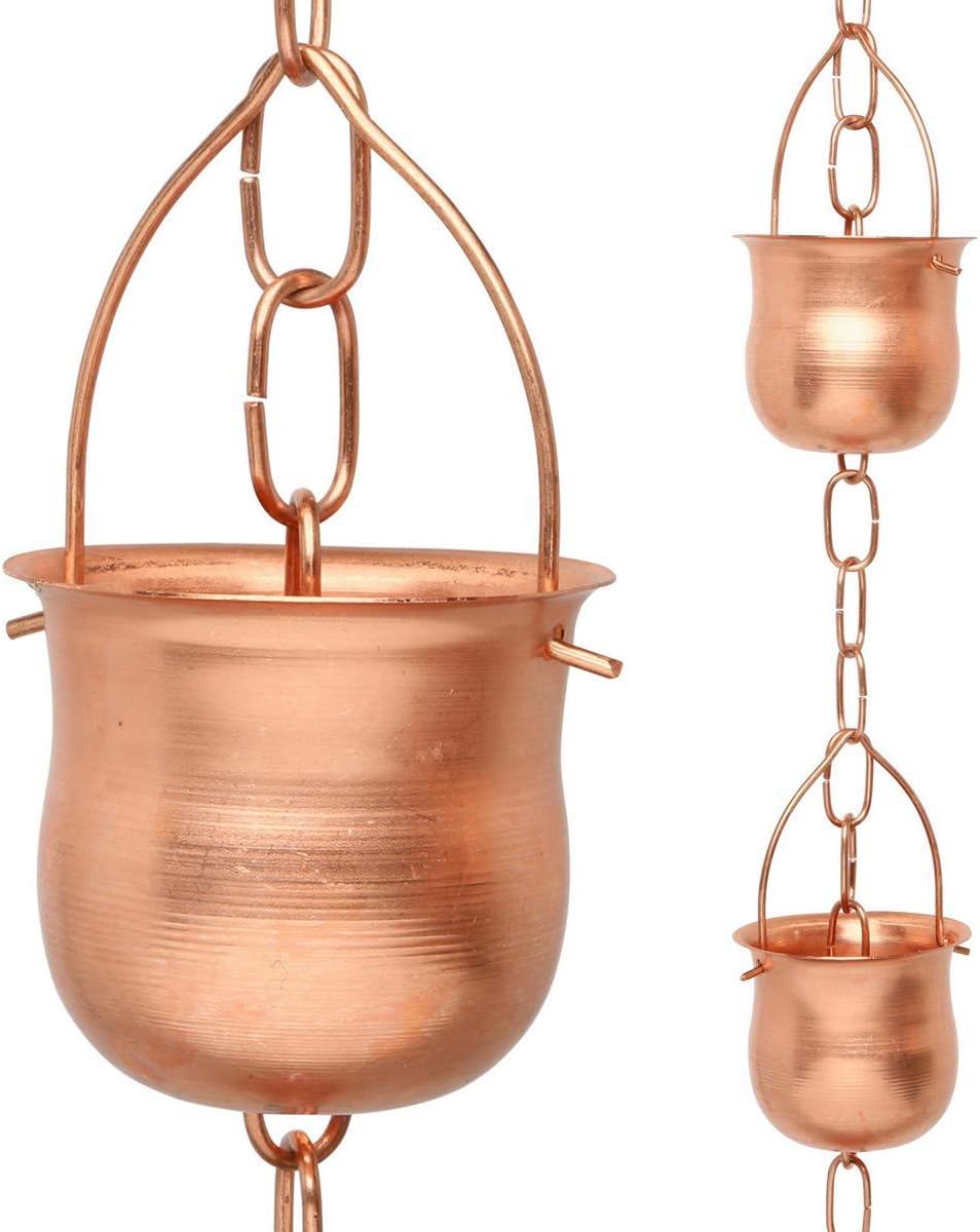 Copper Rain Chain – Decorative Chimes & Cups Replace Gutter Downspout & Divert Water Away from Home for Stunning Fountain Display – 3’ Long for Universal Fit – Pot Style…