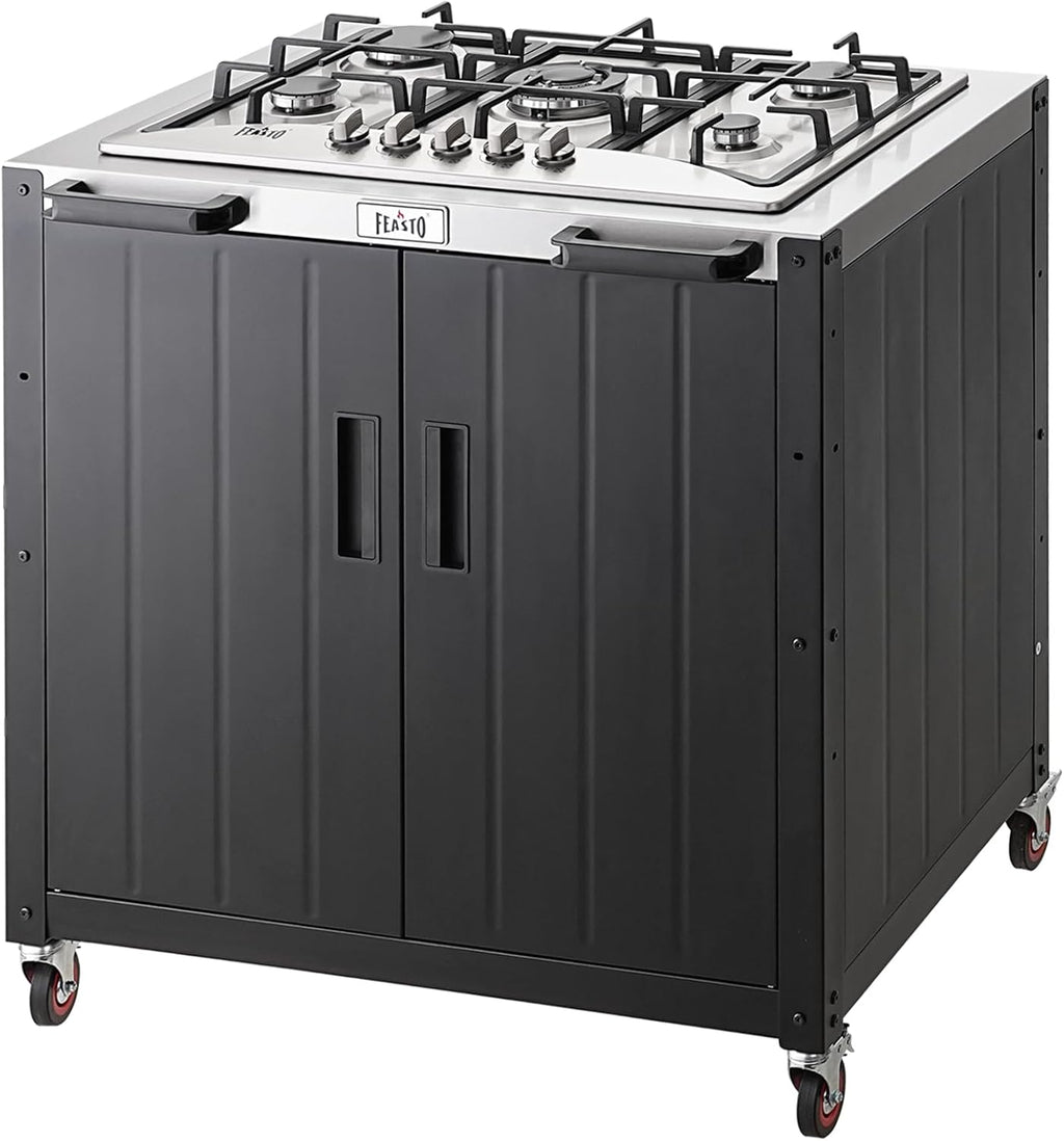 Gas Grill, Movable Outdoor Gas Stove Stainless Steel Top with Cabinet, 5 Burners with 36,200 BTUs, Outdoor Propane Grill for Outdoor Cooking, Ideal for Lawn & Garden, L35.4” x W24”