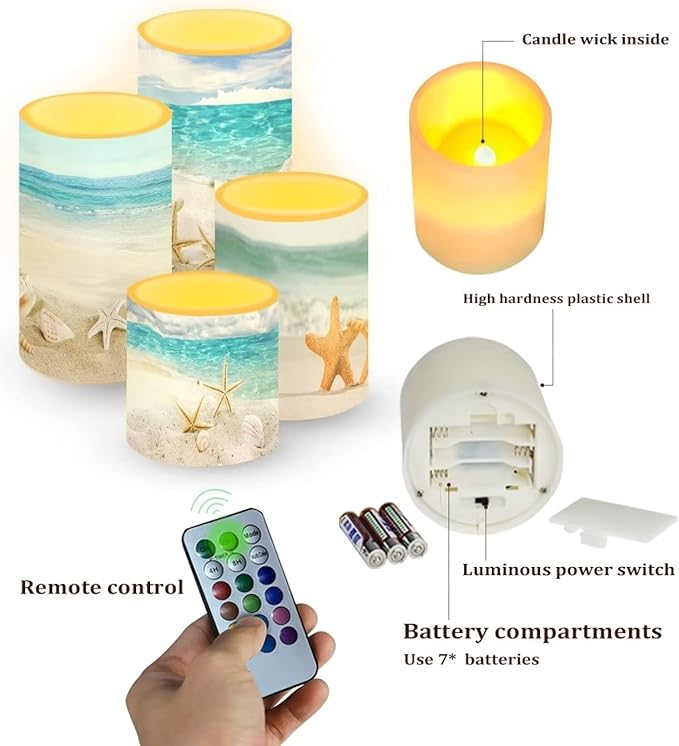 Flameless Candles Battery Powered with Multicolor Timer Remote Control Everlasting Fake Candles for Party Garden Indoor Outdoor Decor, Various Beach Starfish
