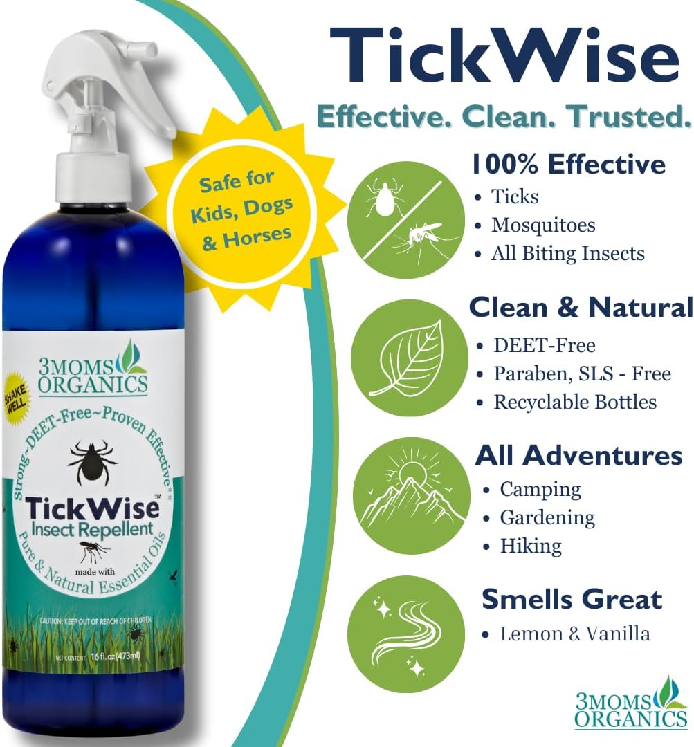 3 Moms Organics TickWise | 16oz Extra Strength, DEET- Free, Tick and Insect Repellent | Plant Based Essential Oils and All Natural Ingredients | Safe for Kids, Adults, Dogs and Horses