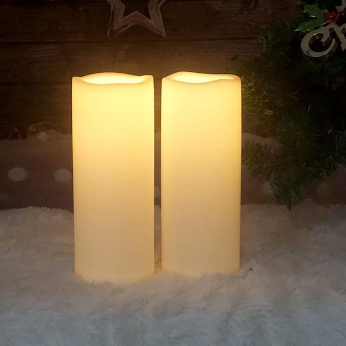 CANDLE CHOICE Waterproof Outdoor Battery Operated Flameless Candles with Timer Large Plastic Resin Bright Flickering Electric LED Pillars Lantern Garden Wedding Christmas Decorations 4”(D)x10”(H) 2PCS