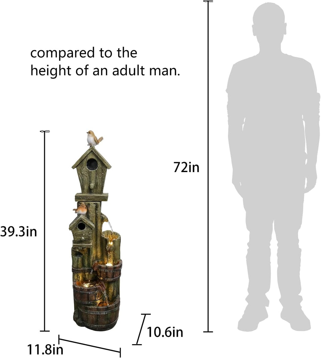 Outdoor Water Fountain with Birdhouse, 39.3inches Rustic Outdoor Water Fountains - Outdoor Cascading Waterfall with Decorative Birds & Buckets, Pump & Lights for Backyard Patio Decor