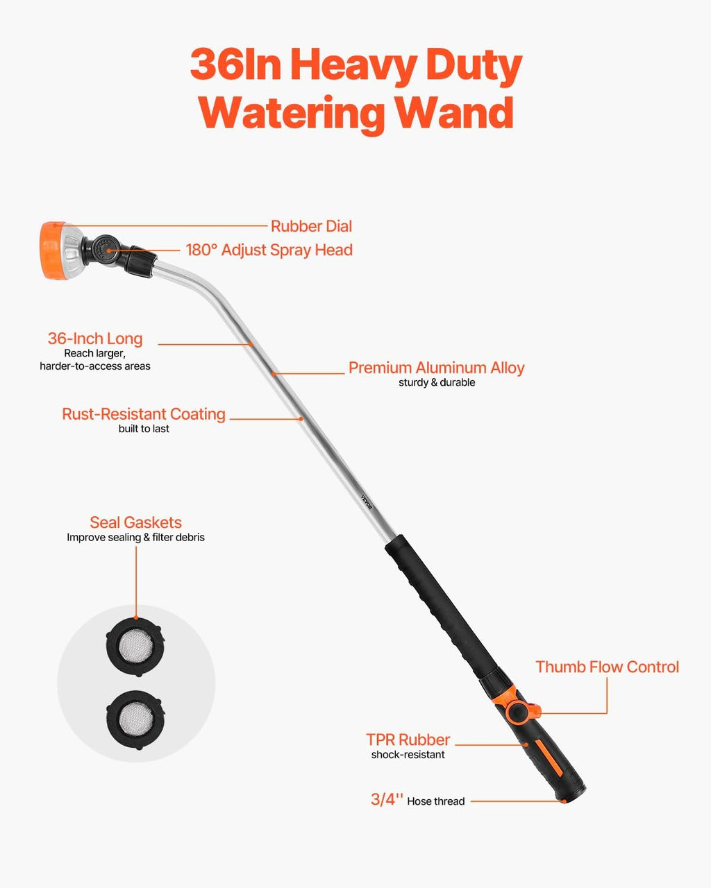 VEVOR Watering Wand, 36-Inch Extra Long Heavy Duty Garden Hose Wand with 8 Spray Patterns & 180° Swivel Head, Long Hose Nozzle Sprayer with on/off Thumb Control, Ideal for Hanging Baskets