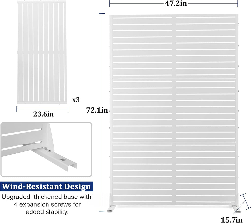 FENCY Outdoor Privacy Screen, 72" H×47" W Metal Privacy Screen, Outdoor Freestanding Privacy Screen & Panels for Deck Patio Balcony(White-Louvered)
