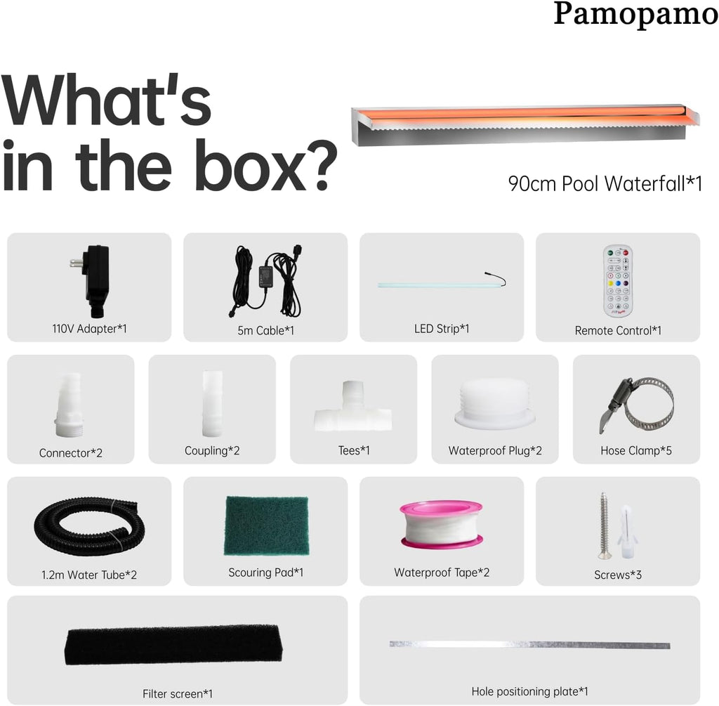 Pond Waterfall Spillway Stainless Steel Pool Fountain, APP Control LED Lighted Waterfalls Kit, Outdoor Water Flow Waterfalls Kit for Garden Patio Koi Pond Decoration-35.4"x7.8"x3.9"