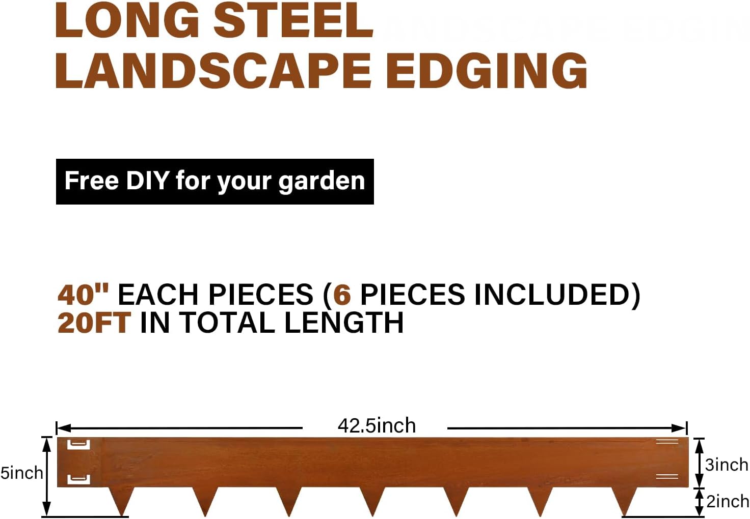 Cor-Ten Steel Landscape Lawn Edging, 40" L x 5" H,6 Pack Steel Edging for Landscaping,Metal Landscape Edging, Metal Edging for Landscaping(180 Degree Bend, Rusted)