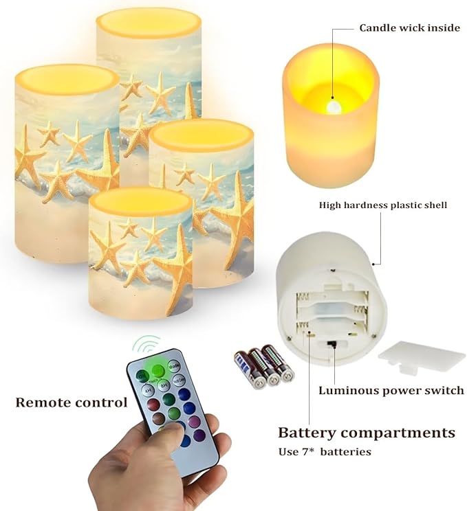 Flameless Candles Battery Powered LED Candle with Remote Timer Color Changing Control Set of 4 for Indoor Outdoor Beach Wedding Home Decoration, Coastal Gold Starfish