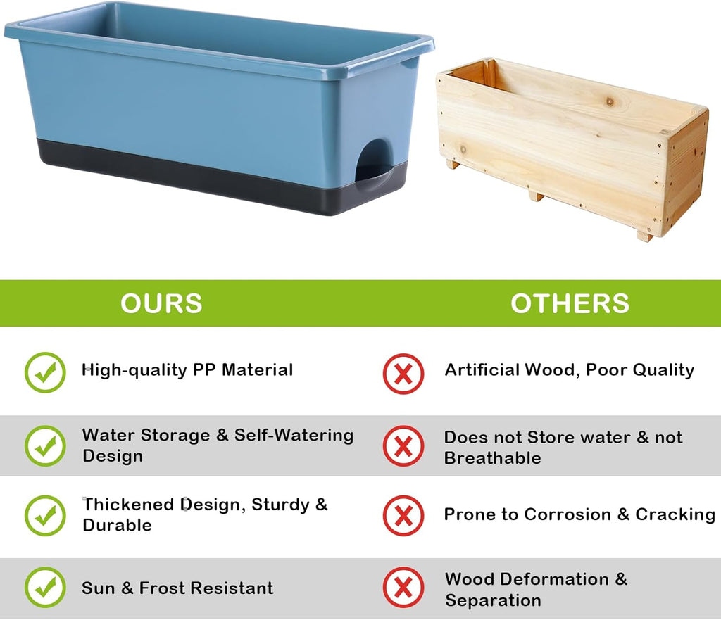 Window Box Planter 8 Pcs, 17 Inches Rectangle Flower Pots with Drainage Holes and Trays, Vegetable Planters for Windowsill Patio Garden Balcony Home Porch Yard Indoor Outdoor (Blue)