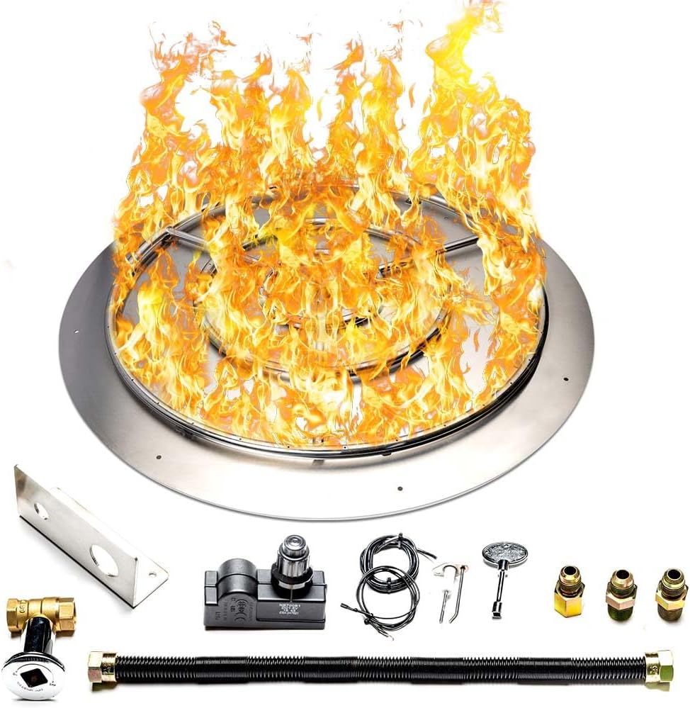 Stainless Steel Fire Pit Burner Pan & Ring Standard Kit with Spark Ignition for Natural Gas, 36-Inch Pan, 30-Inch Ring, 250,000 BTU Max