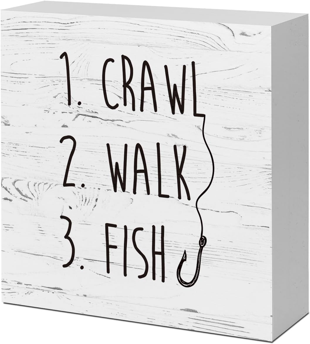 White Crawl Walk Fish Rustic Wooden Sign Desk Decor, Funny Baby Fishing Wood Block Sign for Home Bedroom Baby Room Shelf Table