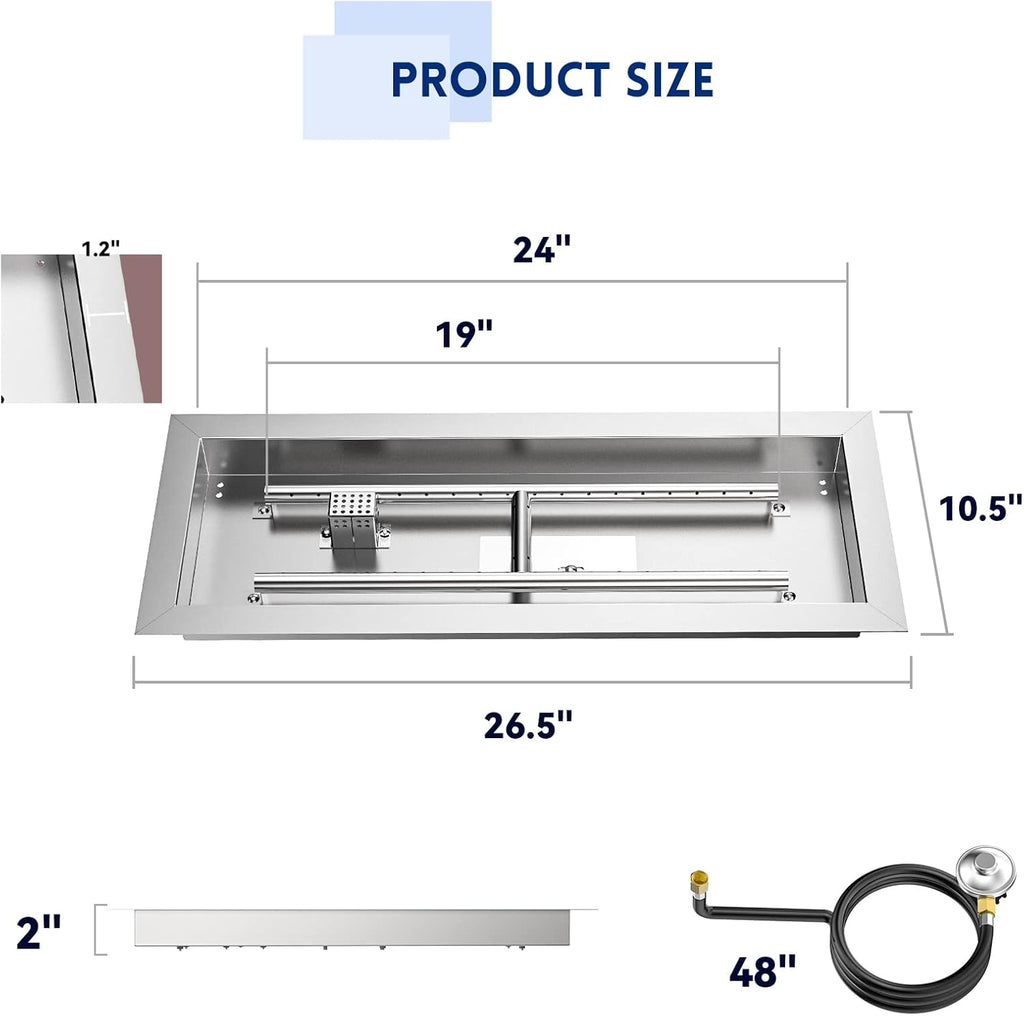 Skyflame Stainless Steel 24" Rectangle Fire Pit Drop-in Burner Kit with Extinguishing Protection Device, Flame Sensing, Electronic Spark Ignition, Gas Hose Connector for Propane
