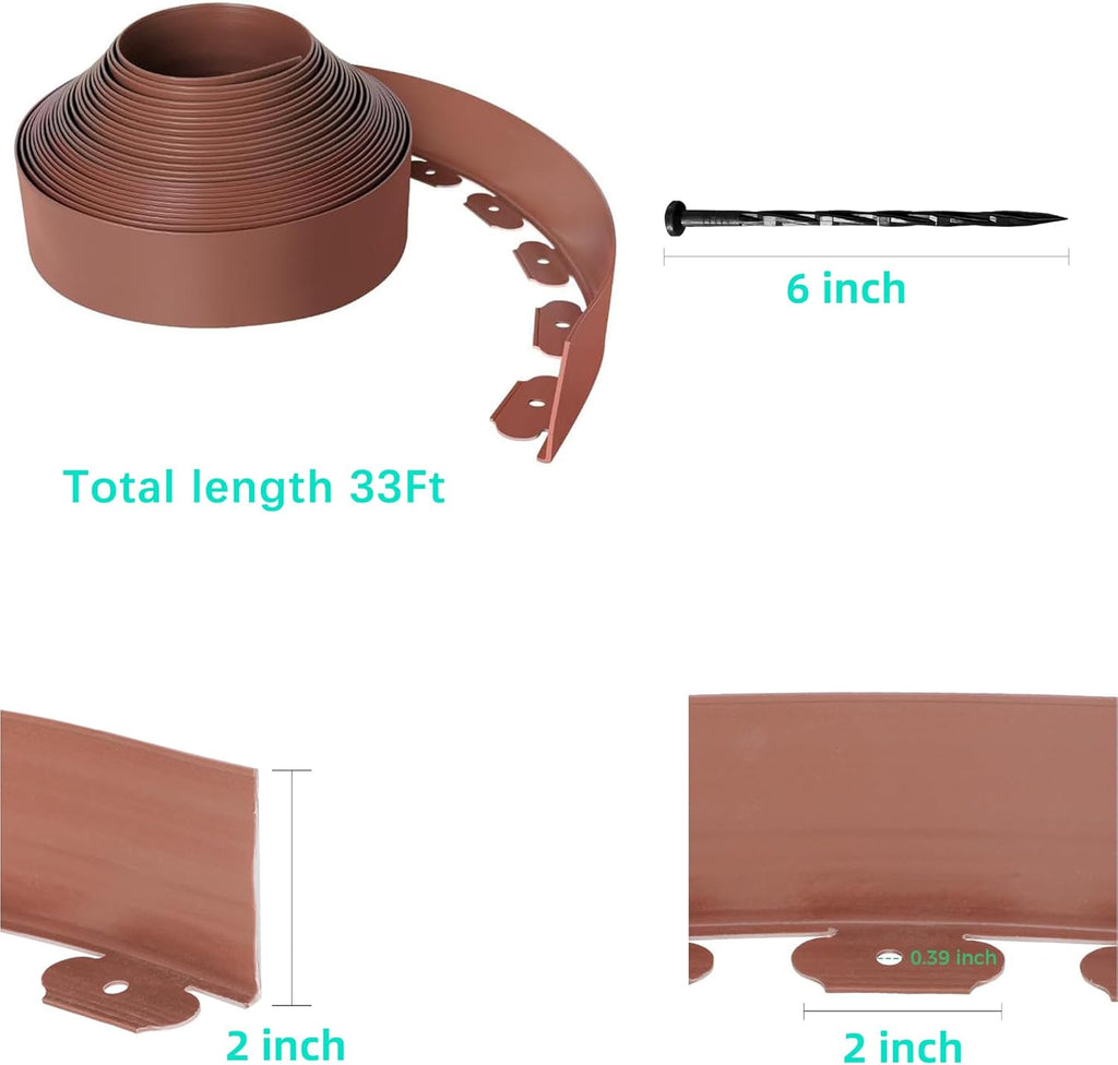Landscape Edging Coil 33 FT, 4 Inch Tall Garden Edging Border Flexible Lawn Edging Kit with 30 Spikes, Plastic Edging for Landscaping Flower Beds Yard Pathway Paver Edging (4IN x 33FT, Brown)