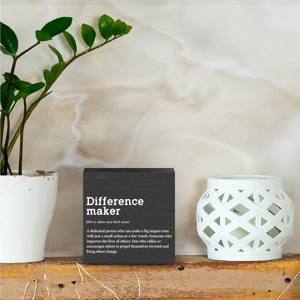 Difference Maker Definition Wooden Box Sign, Rustic Inspirational Home Office Decor, 5 x 5 Inches, Black, Square